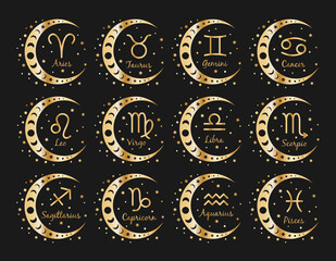 Set of 12 Zodiac gold signs in wreath of moon and stars. The signs of Aries, Taurus, Gemini, Cancer, Leo, Virgo, Libra, Scorpio, Aquarius, Sagittarius, Capricorn, Pisces. Vector illustration
