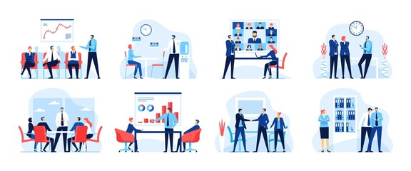 Business meeting. Office workers at video conference meeting. Businesspeople working together. Successful partnership, teamwork vector concept set. Online cooperation, company strategy