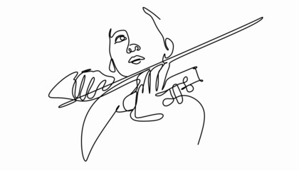 a continuous drawing of a boy with a violin in his hands . A young violinist plays a classical musical instrument. © IRINA