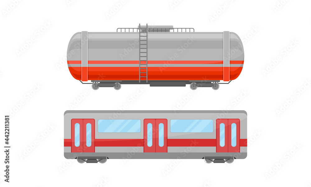 Wall mural Railroad Car or Railway Wagon as Railroad Vehicle for Carrying Cargo and Passengers Vector Set