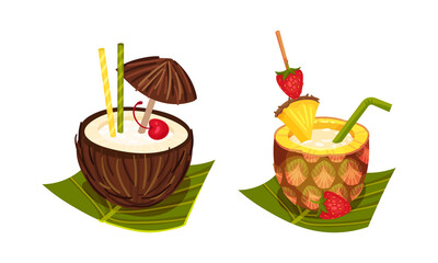 Exotic Cocktails with Straw and Umbrella Poured in Coconut and Pineapple Fruit Vector Set
