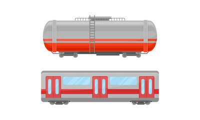 Railroad Car or Railway Wagon as Railroad Vehicle for Carrying Cargo and Passengers Vector Set