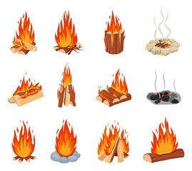 Cartoon bonfires. Outdoor burning fire flames with stone border, burned out bonfire. Forest tourist burning campfire with smoke vector set. Outdoor burning wooden logs, camping fireplace