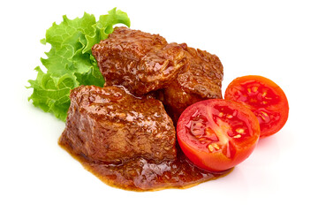 Meat stew, homemade goulash, isolated on white background. High resolution image.