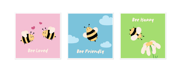 Set of Bee illustration cards. Collection of square card banner for celebration, gift or birthday with cute doodle bees. Love, friendship, happiness topics. Bee, beehive and couple in love vector.
