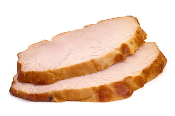 Boiled pork slices, isolated on white background. High resolution image.