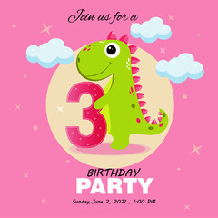 Cute baby girl dinosaur. Birthday invitation .