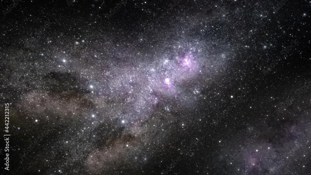 Wall mural camera flying through the clouds and star field in outer space. animation of flying through glowing 