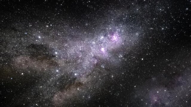 Camera flying through the clouds and star field in outer space. Animation of flying through glowing nebulae and stars. High quality 4k footage
