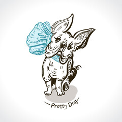 Pretty dog. French Bulldog puppy with a big bow. Funny positive vector illustration Bulldog puppy. Vector template for postcards, t-shirt print, etc. Cute card