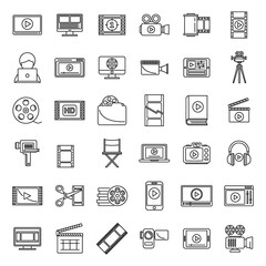 Online video editing icons set outline vector. Video screen player