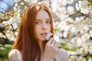 Redhead Beautiful Woman Enjoy Blooming Trees. Fashion Model In Spring Garden. Portrait Of Lady With Flower In Hands. Sunshine Floral Summer Background