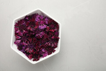 Beautiful purple cornflowers in bowl on light grey table, top view. Space for text