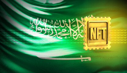 3d rendering illustration of NFT non fungible token for crypto art on Saudi Arabia colorful flag background. Based in blockchain technology and disruptive monetization in collectibles market