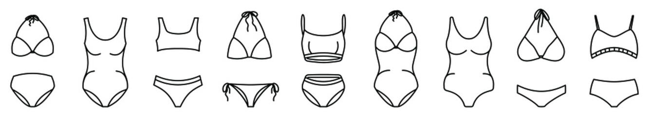 Swimsuit icon. Set of linear swimsuits icons. Vector illustration. Swimsuits vector icons. Black linear swimsuit icons