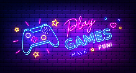 Play Games have fun neon sign with game pad, bright signboard, light banner. Game logo neon, emblem. Vector illustration - obrazy, fototapety, plakaty
