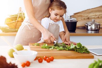 Obraz na płótnie Canvas Happy woman and her daughter making healthy vegan salad and snacks for family feasting in sunny kitchen. Christmas, New year, Thanksgiving, Anniversary, Mothers Day. Healthy meal cooking concept