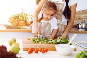 Obraz na płótnie Canvas Happy woman and her daughter making healthy vegan salad and snacks for family feasting in sunny kitchen. Christmas, New year, Thanksgiving, Anniversary, Mothers Day. Healthy meal cooking concept
