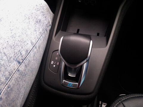 New Renault Zoe electric car, automatic gearbox. New modern technology, interior design details. Bucharest, Romania, 2021