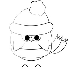 Cute cartoon Owl in winters hat and scarf. Draw illustration in black and white