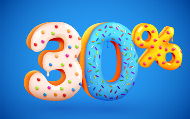 30 percent Off. Discount dessert composition. 3d mega sale 30% symbol with flying sweet donut numbers. Sale banner or poster.