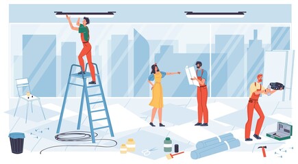 Vector cartoon flat industrial worker characters at office renovation work.Builder workers repair,decorate new office building-interior repairs,renovation,design,web online site banner ad concept