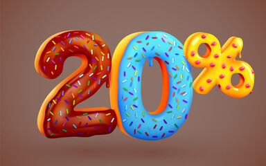 20 percent Off. Discount dessert composition. 3d mega sale 20% symbol with flying sweet donut numbers. Sale banner or poster.