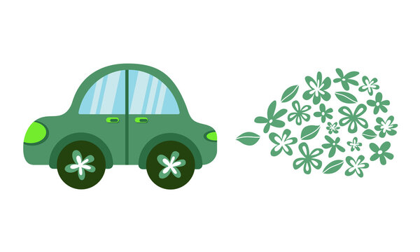 Retro car with flowers and leaves instead exhaust gases. International Biodiesel Day. Conservation natural resources concept, protect ecology, nature