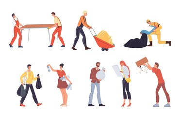 Set of vector cartoon flat industrial worker characters at work.Engineer workers at road construction,building repair,garbage removal works-web online site banner ad concept