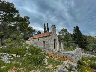 HVAR, CROATIA, APRIL 2021 - Church of Our Lady of Kruvenica in Hvar, at the island of Hvar, Croatia. The church dates back to the 15th century, possibly earlier.