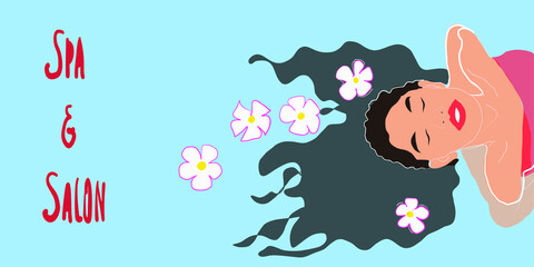 Beautiful woman is relaxing in blue water in spa Water-pool. Spa and salon concept. Colorful vector illustration top view of girl with long dark hair and flowers in red swimsuit