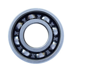 Ball bearing with steel cage close-up on a white background. The bearing is located on the left....