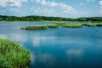 Panoramic landscape on a sunny day on the river with the sky in the clouds and the reflection in the water.