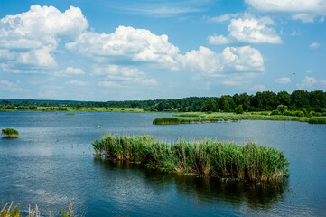 Obraz premium Panoramic landscape on a sunny day on the river with the sky in the clouds and the reflection in the water.