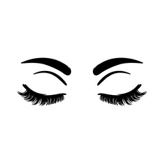 Closed female eyes, eyelashes, and eyebrows. Long beautiful eyelashes on isolated white background. Makeup, mascara, fashion. Vector illustration. For the logo of a beauty salon, lash extensions maker