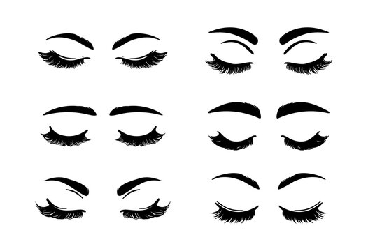 Set of closed female eyes, eyelashes, and eyebrows. Different long beautiful eyelashes on isolated white background. Makeup, mascara. Vector. For the logo of a beauty salon, lash extensions maker