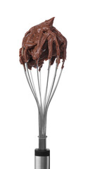Balloon whisk with chocolate cream isolated on white