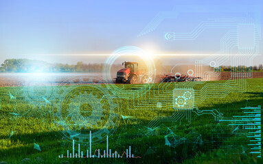 the concept of processing the cultivation of an agricultural field with automated machinery with a tractor based on artificial intelligence. technologies of the future in agriculture - obrazy, fototapety, plakaty