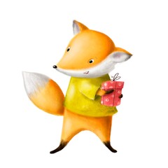 cute little fox with gift box holiday children's illustration, watercolor birthday clipart
