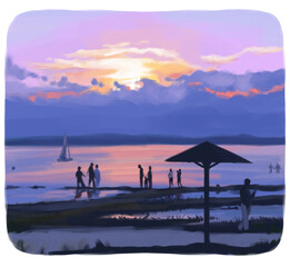 Obraz premium Colorful raster landscape of lake Svityaz. People walking on evening beach. Digital drawing of beautiful sunset nature. Artistic illustration in oil painting style for postcard, print, sticker, decor.