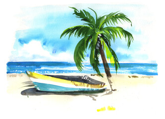 Watercolor hand painted tropical ocean beach landscape - summer vacation - wallpaper, posters or background design
