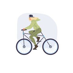 Vector flat cartoon girl character in autumn season outdoor riding bike - fashion,emotions,healthy lifestyle social concept