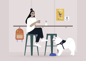 Young female Asian character drinking coffee at the bar counter of a dog-friendly place, modern lifestyle