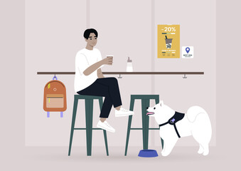 Young male Asian character drinking coffee at the bar counter of a dog-friendly place, modern lifestyle