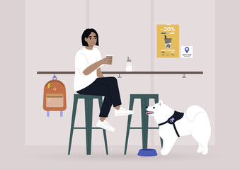 Young female character drinking coffee at the bar counter of a dog-friendly place, modern lifestyle