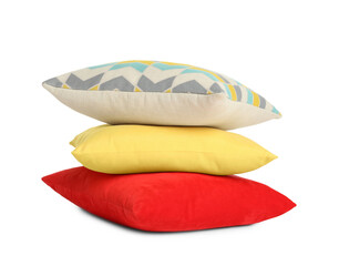 Stack of colorful decorative pillows on white background