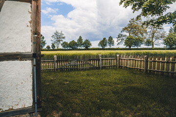 View of an old wooden fence and a green field