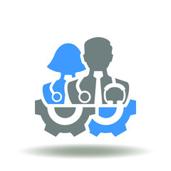 Doctor and nurse medical personnel with gears mechanism vector illustration. Medicine and pharmacy work symbol. Health skills icon.