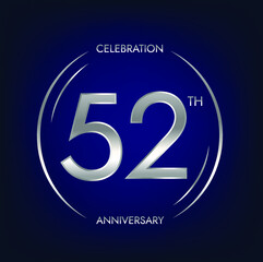 52th anniversary. Fifty-two years birthday celebration banner in silver color. Circular logo with elegant number design.