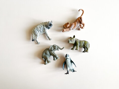 Figures of animals on a white background Children's toys: rhino, hippopotamus, zebra. The concept of children's play, montessori. many pieces to play. A gift for a child. Animal protection. © Anastasiya